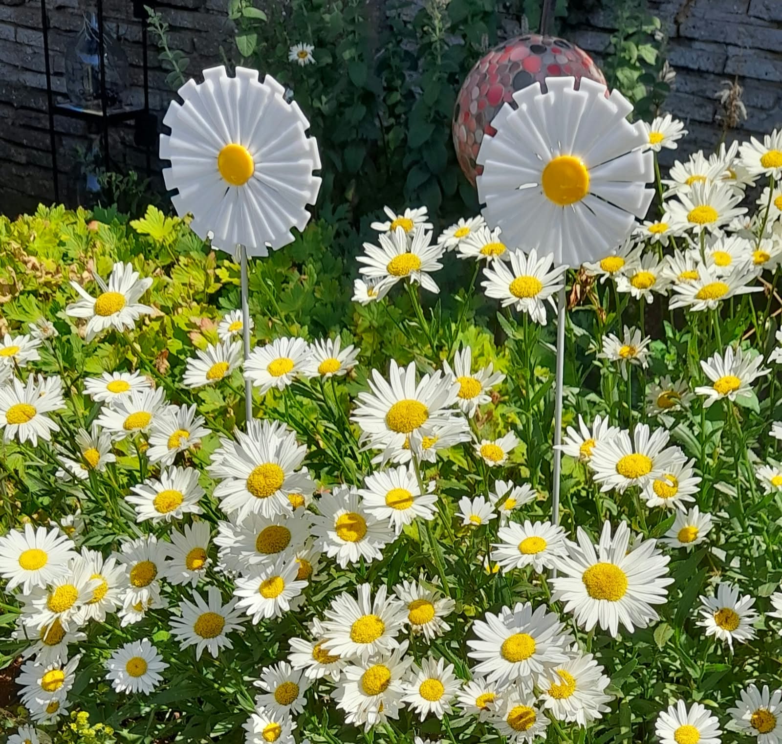 Detailfoto van margrieten en witte tuinbloemen